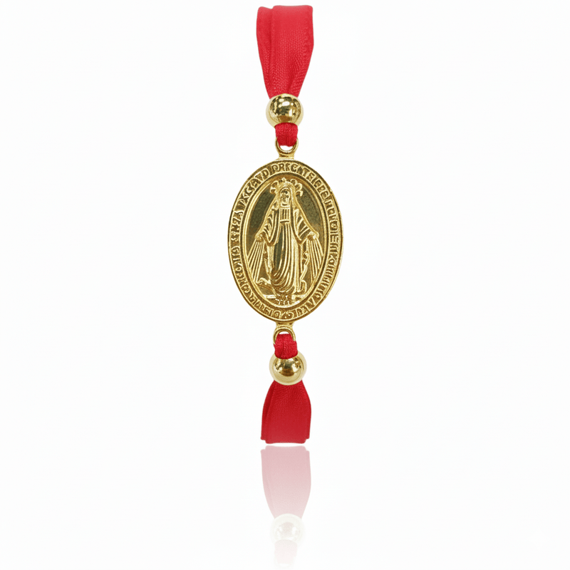 Gold Vermeil Miraculous Medal Adjustable Red Velvet Bracelet 7.5 - inch - Guadalupe Gifts