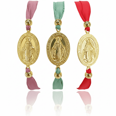 Gold Vermeil Miraculous Medal Adjustable Red Velvet Bracelet 7.5 - inch - Guadalupe Gifts