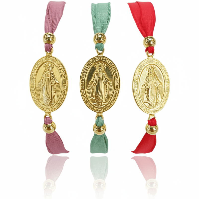 Gold Vermeil Miraculous Medal Adjustable Red Velvet Bracelet 7.5 - inch - Guadalupe Gifts