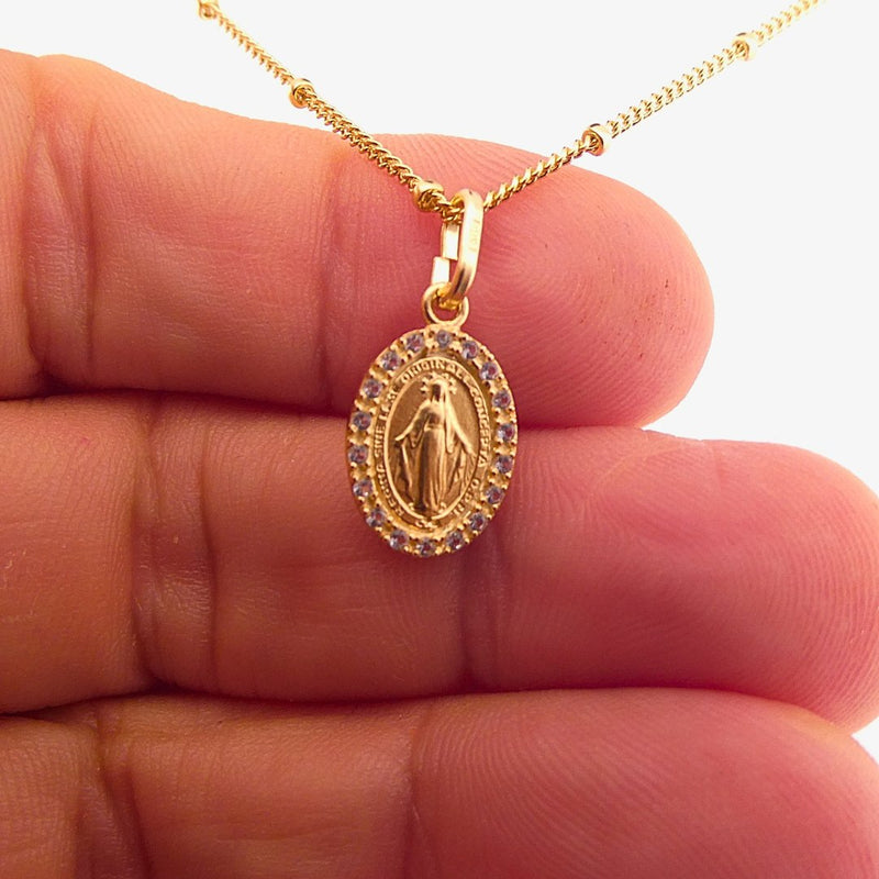 Gold Vermeil Miraculous Medal Pendant with White Cubic Zirconia 16" - Guadalupe Gifts