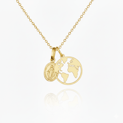 Gold Vermeil Miraculous Medal & World Map Pendant Necklace 18 - inch - Guadalupe Gifts