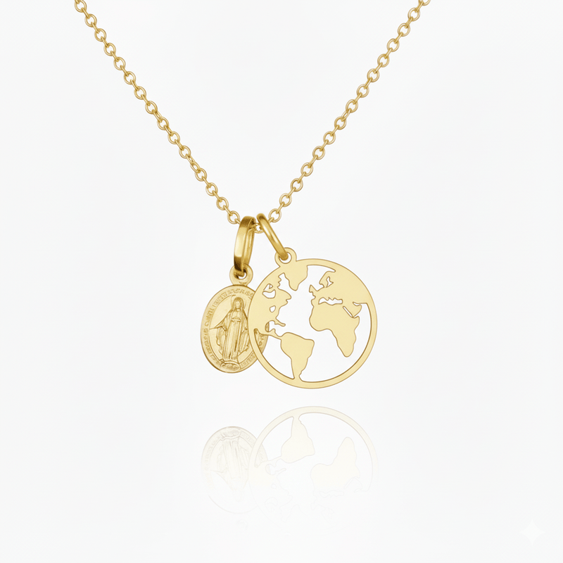Gold Vermeil Miraculous Medal & World Map Pendant Necklace 18 - inch - Guadalupe Gifts