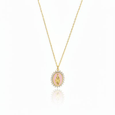 Gold Vermeil Pink Enamel Lourdes Necklace with White Crystals 18" - Guadalupe Gifts