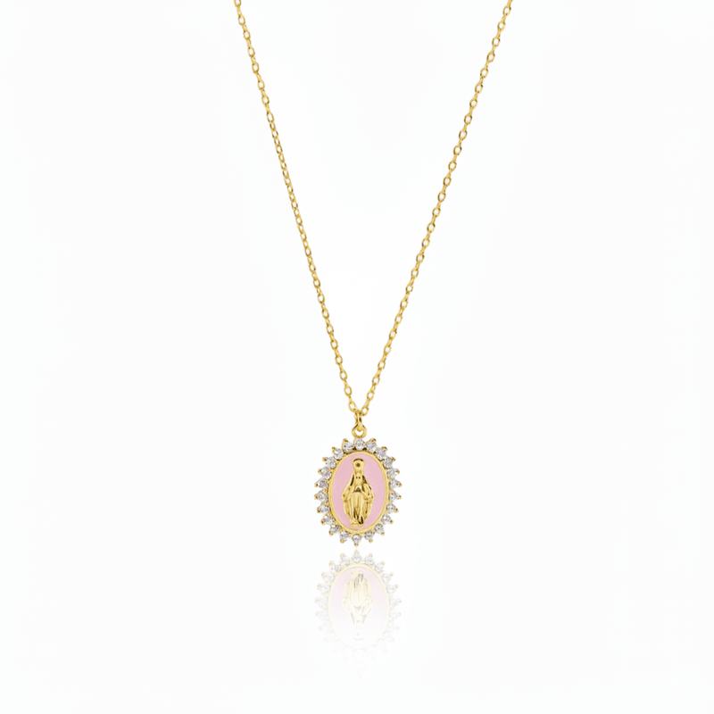 Gold Vermeil Pink Enamel Lourdes Necklace with White Crystals 18" - Guadalupe Gifts