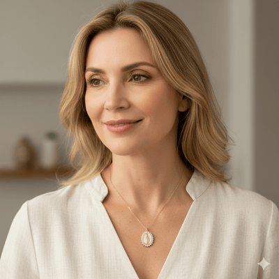 Gold Vermeil Pink Enamel Lourdes Necklace with White Crystals 18" - Guadalupe Gifts