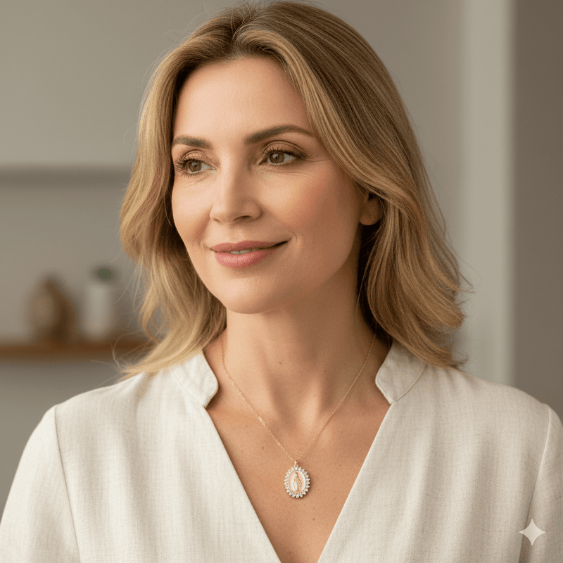 Gold Vermeil Pink Enamel Lourdes Necklace with White Crystals 18" - Guadalupe Gifts