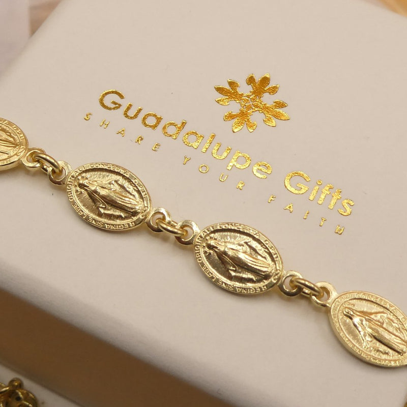 Gold Vermeil Religious Charm Bracelet - 10 Miraculous Medal & Cross 6.5" + 1.5” - Guadalupe Gifts