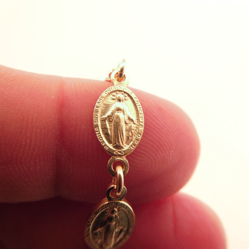 Gold Vermeil Religious Charm Bracelet - 10 Miraculous Medal & Cross 6.5" + 1.5” - Guadalupe Gifts