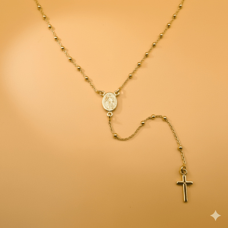 Gold Vermeil Tiny Bead Miraculous Medal Rosary Necklace 18 - inch - Guadalupe Gifts