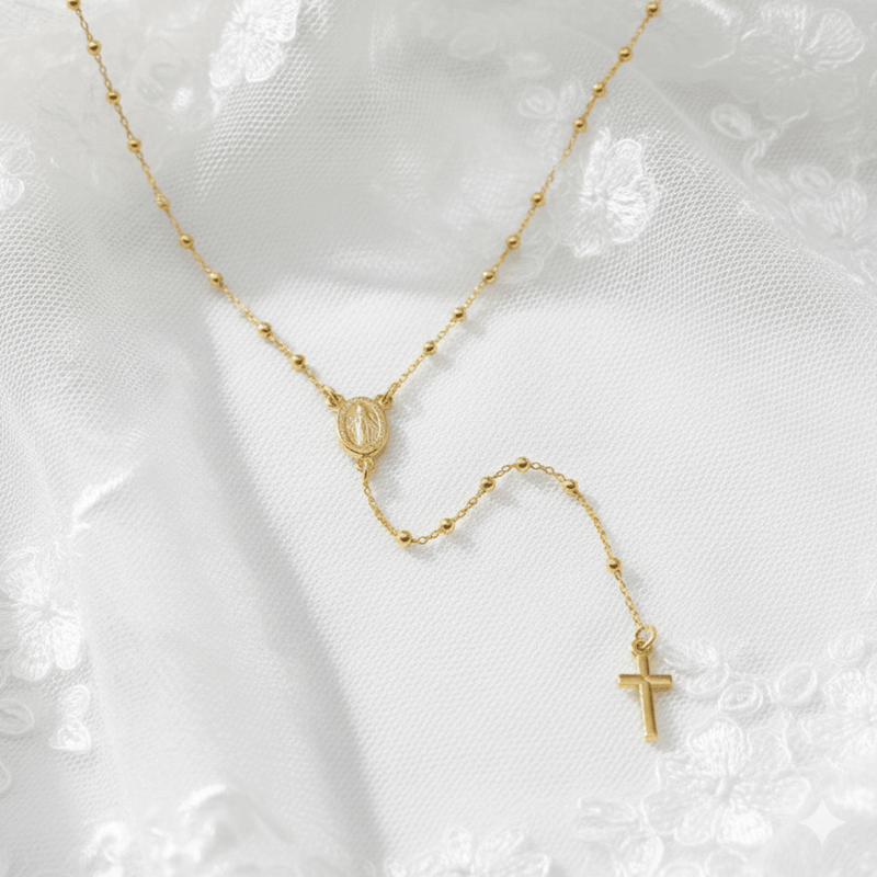 Gold Vermeil Tiny Bead Miraculous Medal Rosary Necklace 18 - inch - Guadalupe Gifts