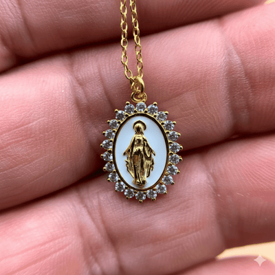 Gold Vermeil White Enamel Lourdes Necklace with White Crystals 18" - Guadalupe Gifts