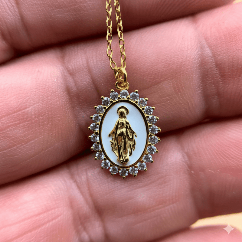 Gold Vermeil White Enamel Lourdes Necklace with White Crystals 18" - Guadalupe Gifts