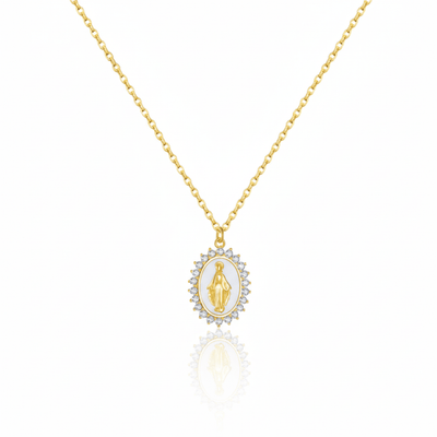 Gold Vermeil White Enamel Lourdes Necklace with White Crystals 18" - Guadalupe Gifts