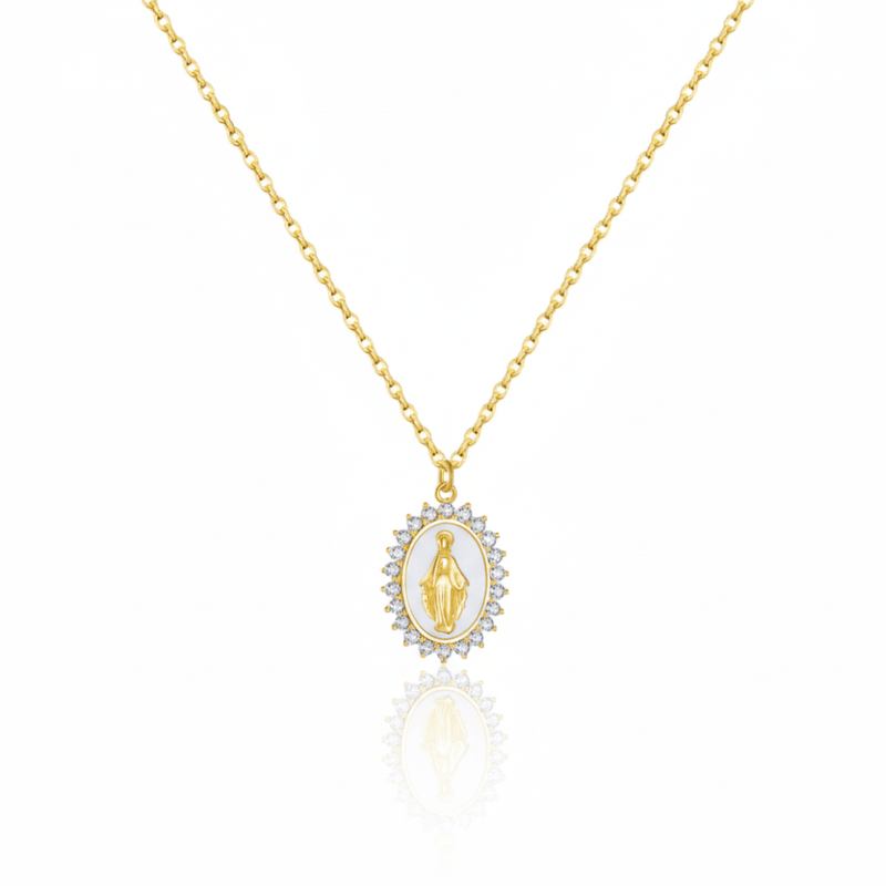 Gold Vermeil White Enamel Lourdes Necklace with White Crystals 18" - Guadalupe Gifts