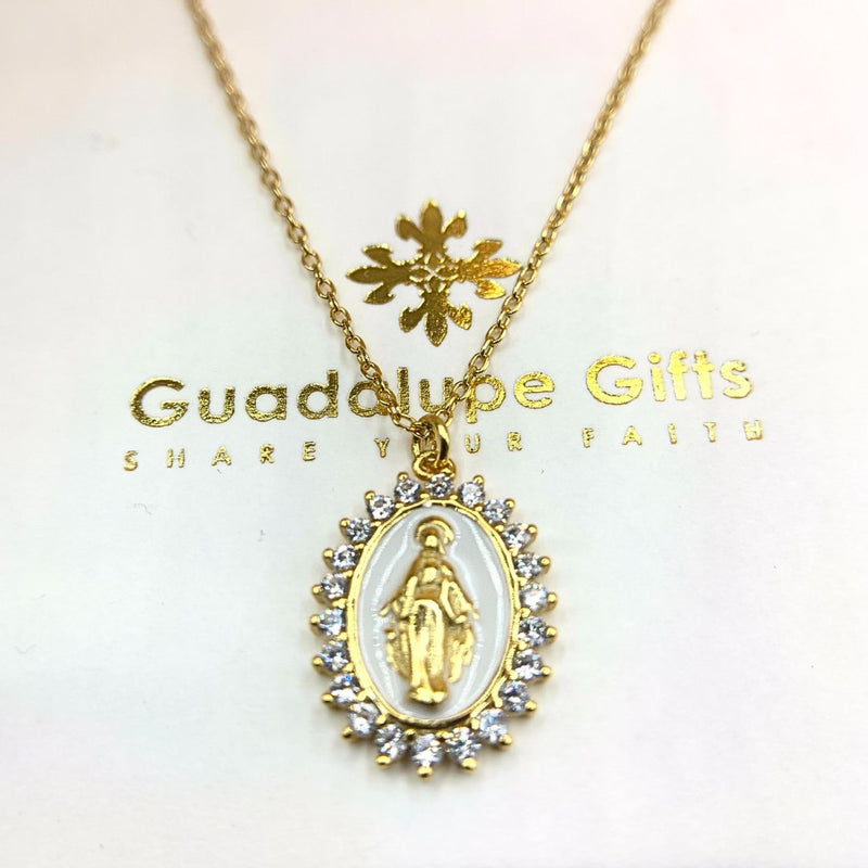 Gold Vermeil White Enamel Lourdes Necklace with White Crystals 18" - Guadalupe Gifts