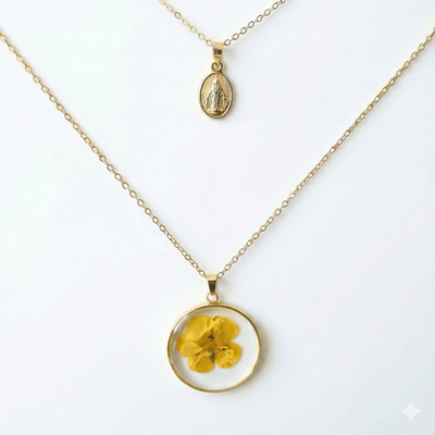 Gold Virgin Mary Necklace and Flowers Double Layer Necklace Set 18 - inch - Guadalupe Gifts