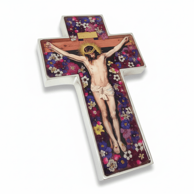 Grand Wall Crucifix w/ Pressed Flowers 11" - Guadalupe Gifts