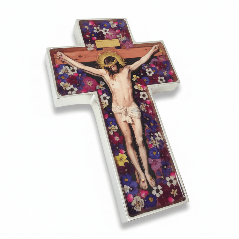 Grand Wall Crucifix w/ Pressed Flowers 11" - Guadalupe Gifts