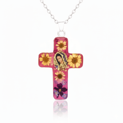 Guadalupe Cross Pendant w/ Pressed Flowers 24" - Guadalupe Gifts