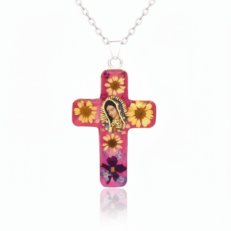 Guadalupe Cross Pendant w/ Pressed Flowers 24" - Guadalupe Gifts