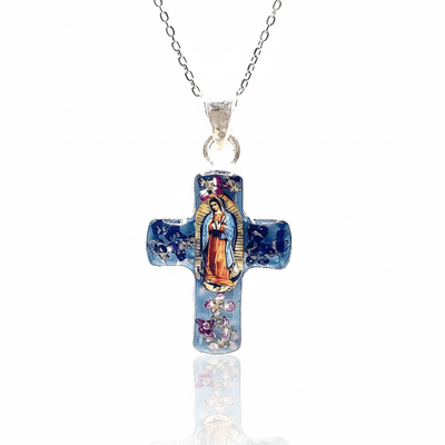 Guadalupe Cross Small Necklace w/ Pressed Flowers 18 - inch - Guadalupe Gifts