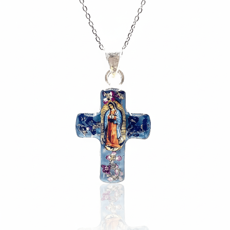 Guadalupe Cross Small Necklace w/ Pressed Flowers 18 - inch - Guadalupe Gifts