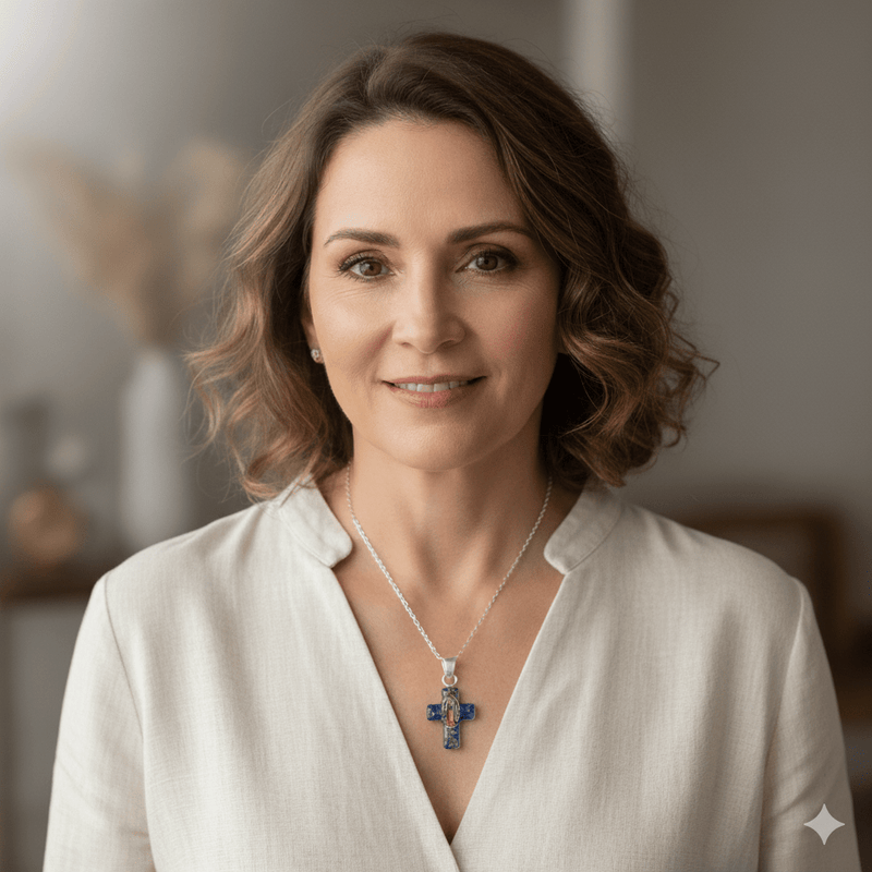 Guadalupe Cross Small Necklace w/ Pressed Flowers 18 - inch - Guadalupe Gifts