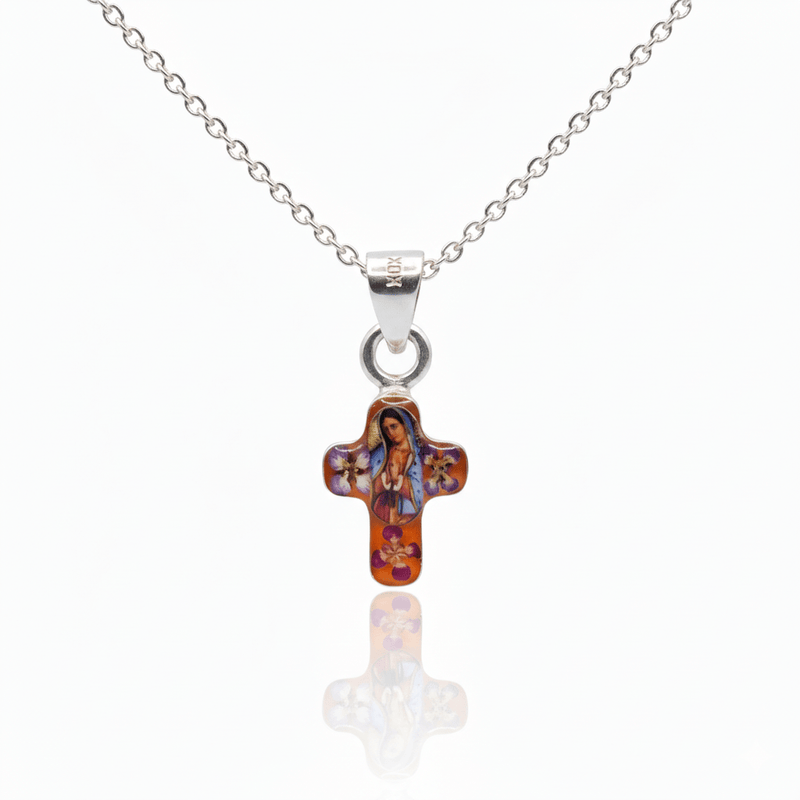 Guadalupe Mini Cross Necklace w/ Pressed Flowers 18 - inch - Guadalupe Gifts