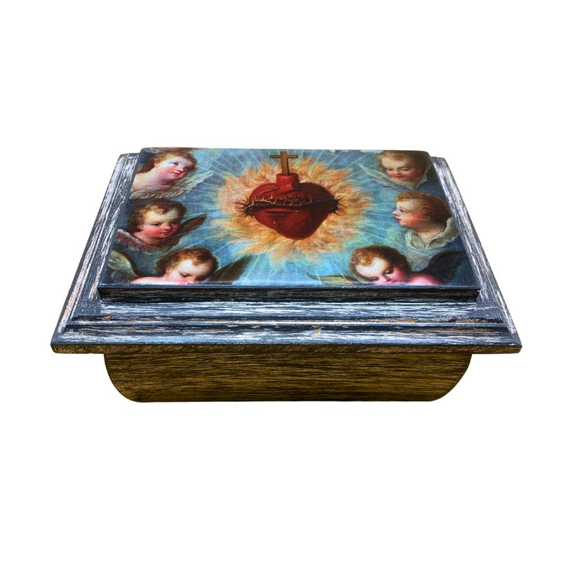 Handcrafted Wooden Jewelry Box – Sacred Heart & Angels Décor 2.8" x 5.5" x 3.9" - Guadalupe Gifts