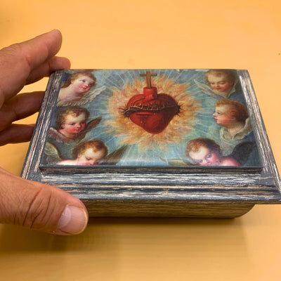 Handcrafted Wooden Jewelry Box – Sacred Heart & Angels Décor 2.8" x 5.5" x 3.9" - Guadalupe Gifts