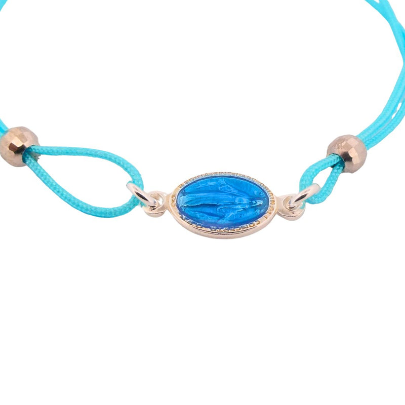 Marian Consecration Bracelet with Miraculous Medal Charm – Adj Light Blue Cord 6.5"+1.5" - Guadalupe Gifts