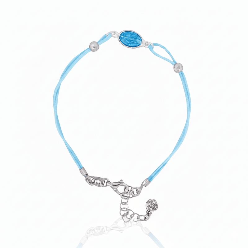 Marian Consecration Bracelet with Miraculous Medal Charm – Adj Light Blue Cord 6.5"+1.5" - Guadalupe Gifts