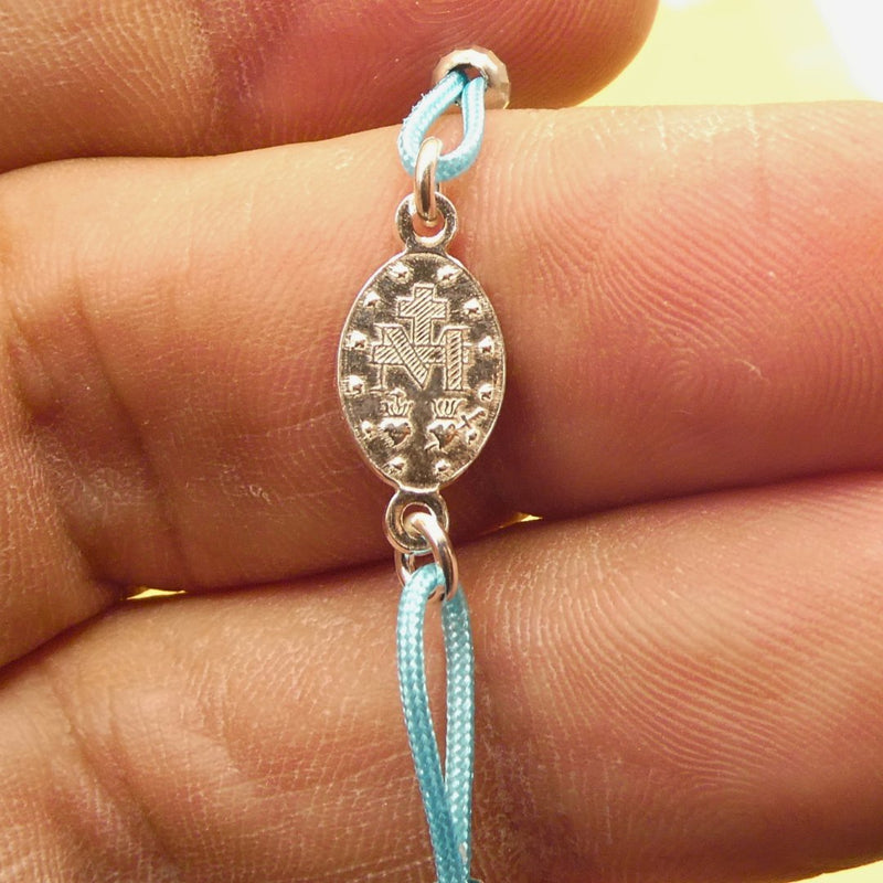 Marian Consecration Bracelet with Miraculous Medal Charm – Adj Light Blue Cord 6.5"+1.5" - Guadalupe Gifts