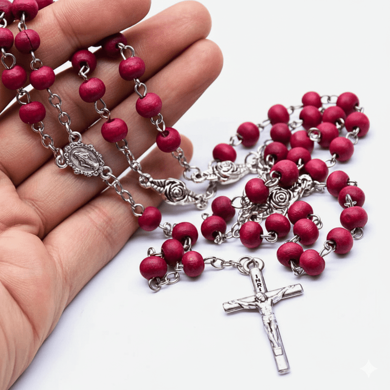 Miraculous Medal Roses Wooden Rosary Beads with Roses 30 - inch - Guadalupe Gifts