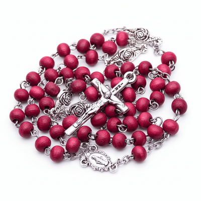 Miraculous Medal Roses Wooden Rosary Beads with Roses 30 - inch - Guadalupe Gifts