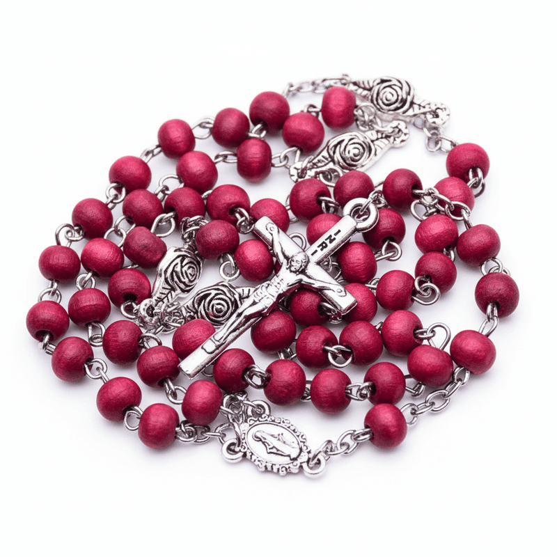 Miraculous Medal Roses Wooden Rosary Beads with Roses 30 - inch - Guadalupe Gifts