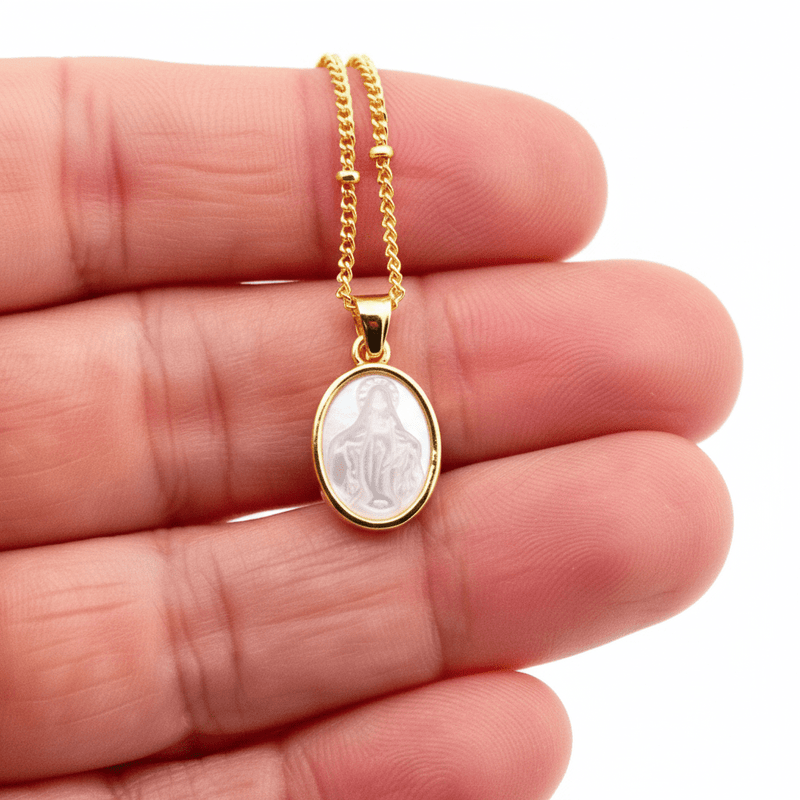 Mother of Pearl Our Lady of Grace Necklace With Beaded Chain 18 - inch - Guadalupe Gifts
