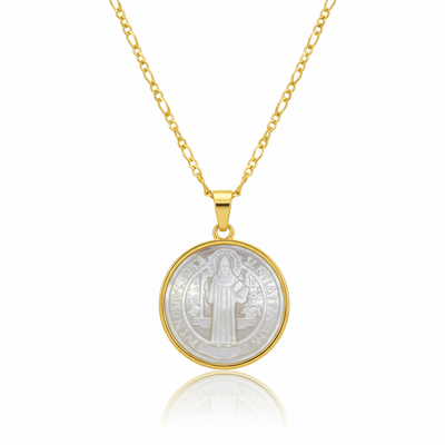 Mother of Pearl Saint Benedict Medal Necklace 18 - inch - Guadalupe Gifts