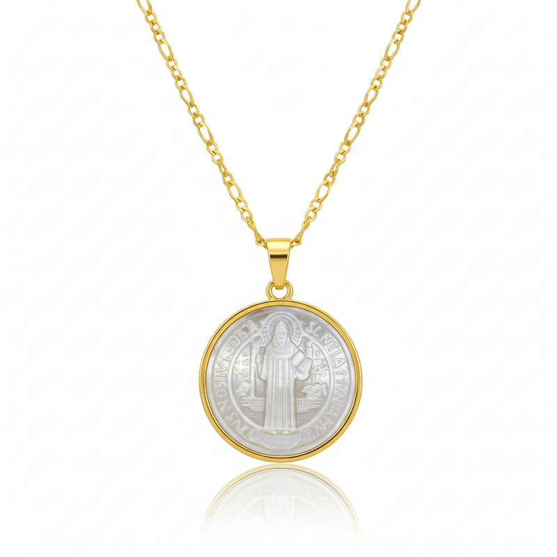 Mother of Pearl Saint Benedict Medal Necklace 18 - inch - Guadalupe Gifts