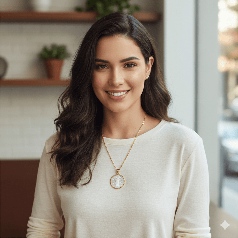 Mother of Pearl Saint Benedict Medal Necklace 18 - inch - Guadalupe Gifts