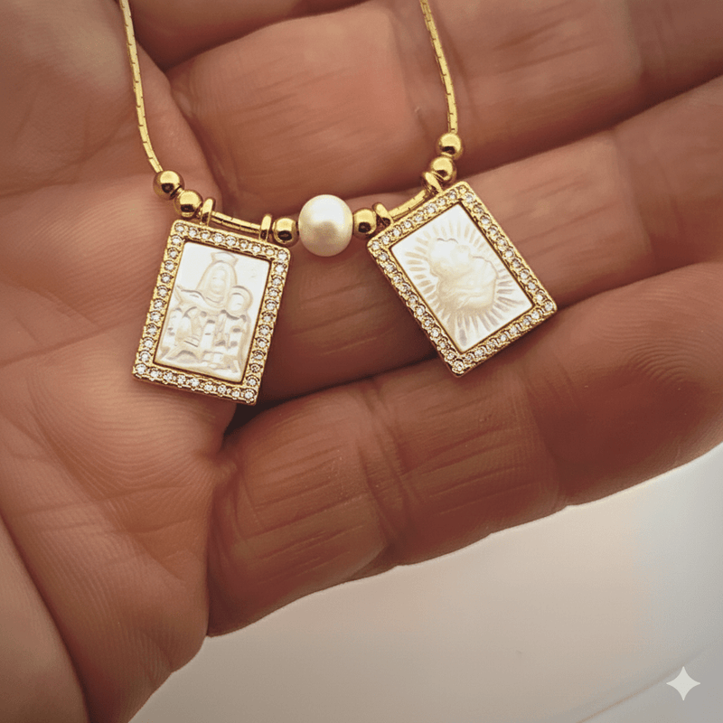 Mother of Pearl Scapular Necklace with White Zirconia, Beads, and Pearl 18 - inch - Guadalupe Gifts