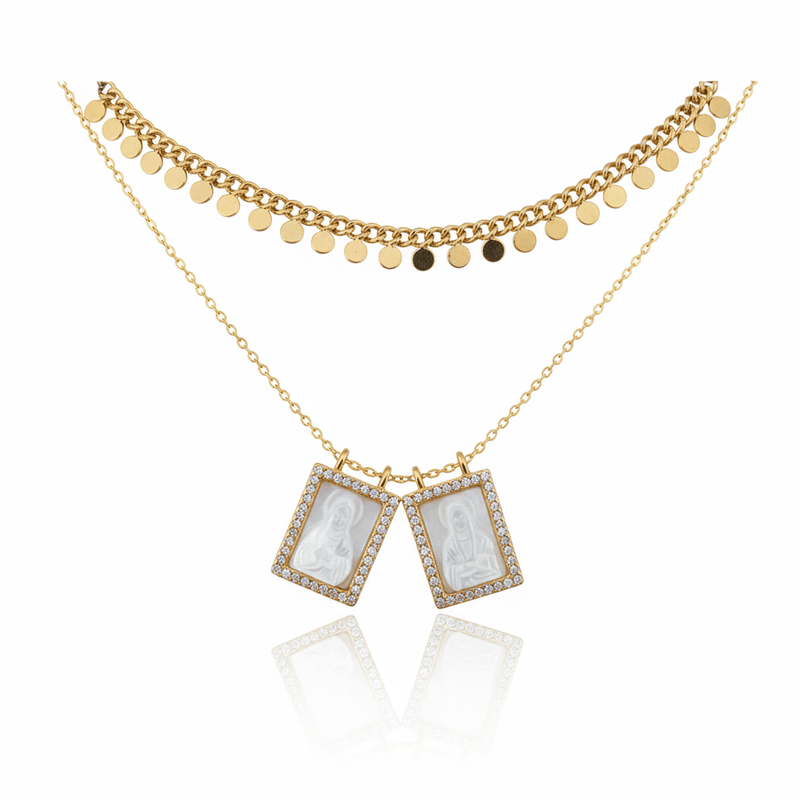 Mother of Pearl Scapular Necklace/Choker with White Zirconia 18 - inch - Guadalupe Gifts