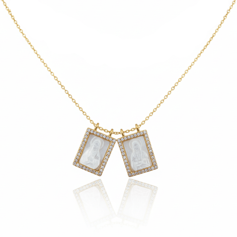 Mother of Pearl Scapular Necklace/Choker with White Zirconia 18 - inch - Guadalupe Gifts