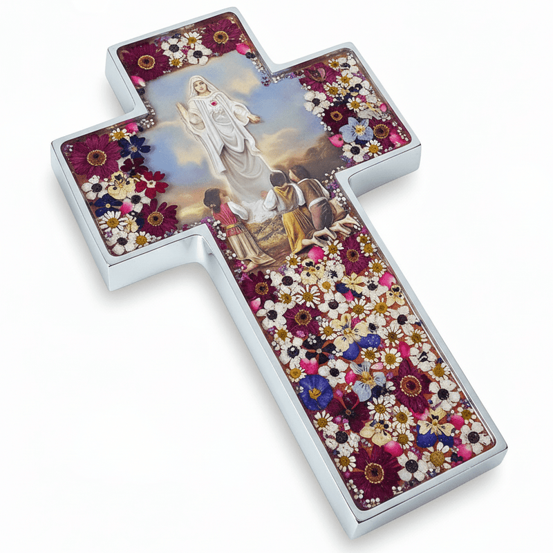 Our Lady of Fatima Grand Wall Cross w/ Pressed Flowers 11" - Guadalupe Gifts