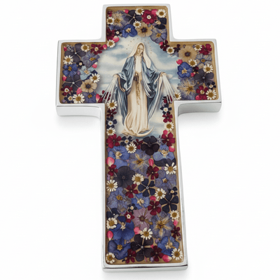 Our Lady of Grace Grand Wall Cross w/ Pressed Flowers 11" - Guadalupe Gifts