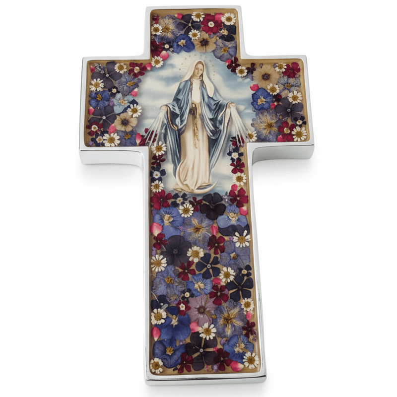 Our Lady of Grace Grand Wall Cross w/ Pressed Flowers 11" - Guadalupe Gifts