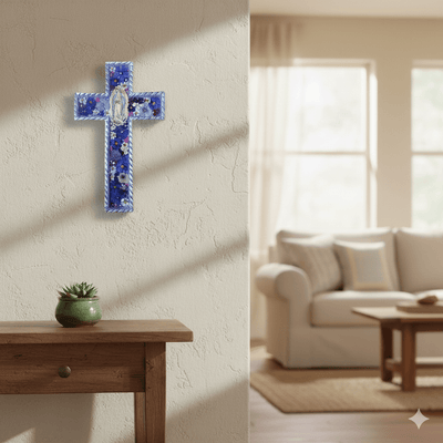 Our Lady of Guadalupe Baroque Wall Large Cross w/ Pressed Flowers 8.5" - Guadalupe Gifts