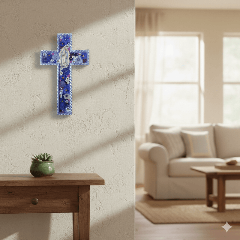 Our Lady of Guadalupe Baroque Wall Large Cross w/ Pressed Flowers 8.5" - Guadalupe Gifts