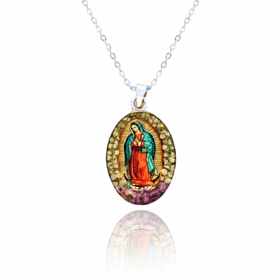 Our Lady of Guadalupe Oval Necklace w/ Pressed Flowers 18 - inch - Guadalupe Gifts