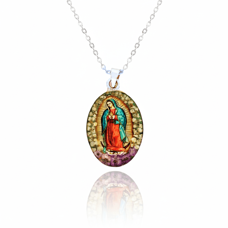 Our Lady of Guadalupe Oval Necklace w/ Pressed Flowers 18 - inch - Guadalupe Gifts